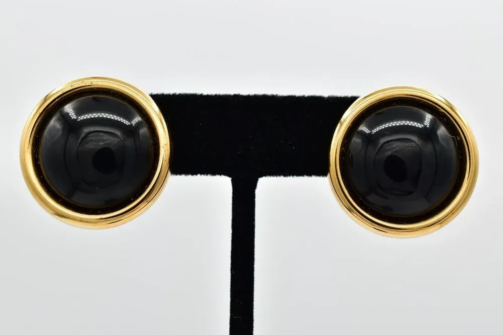 Vintage Black Bead Earrings Stud Pierced Gold Tone Round Stud Chunky 1980s 9L